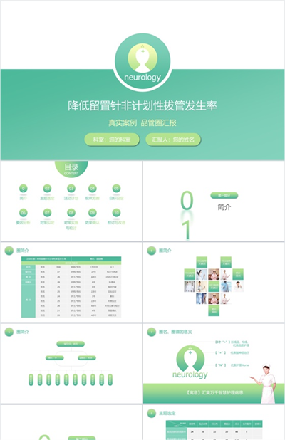 绿色清新简约降低留置针发生率医学研究汇报PPT模板