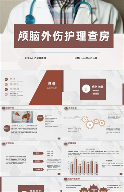 医疗医学颅脑外伤护理查房工作汇报PPT模板下载