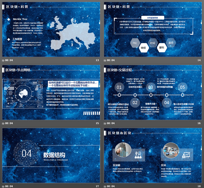 蓝色浩瀚星空背景区块链介绍PPT模板