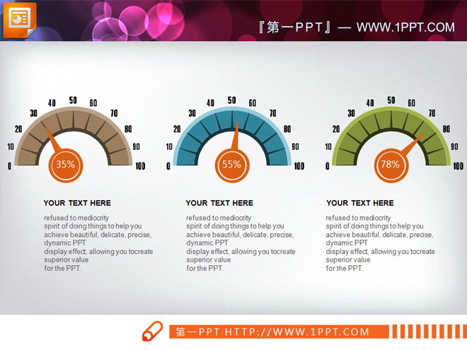 三个仪表盘背景的PPT图表模板
