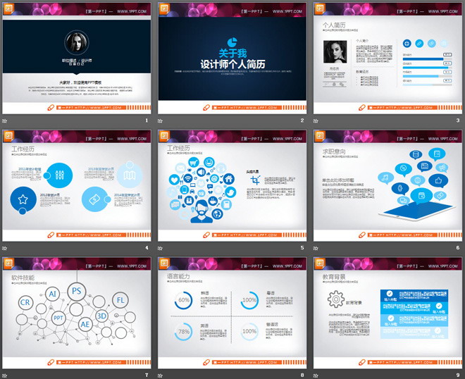 蓝色扁平化动态个人简历PPT图表大全