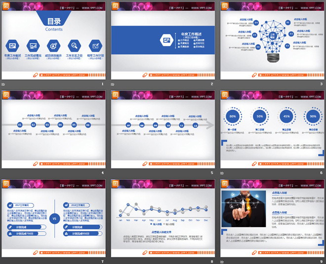 蓝色实用工作总结PPT图表大全