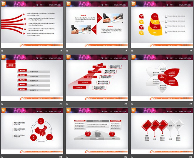 红黄搭配的扁平化工作总结PPT图表大全