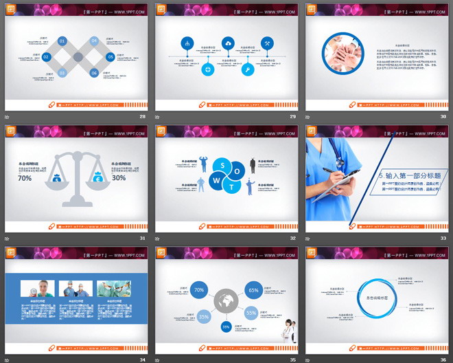 蓝色扁平化医疗医院PPT图表整套下载