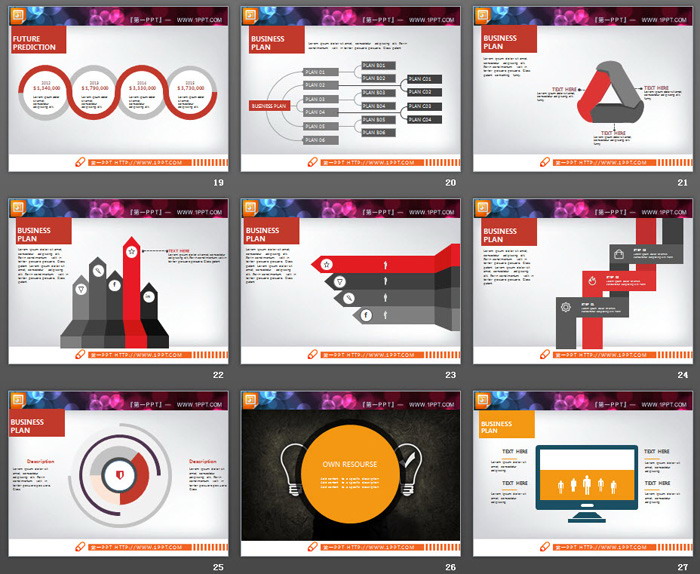 红黄绿蓝四色扁平化商业计划书PPT图表大全