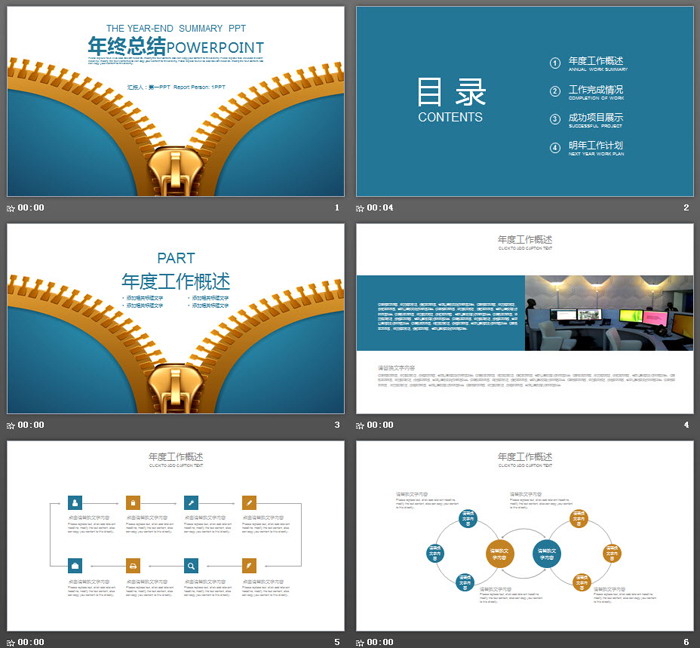 蓝色拉链背景的工作总结汇报PPT模板