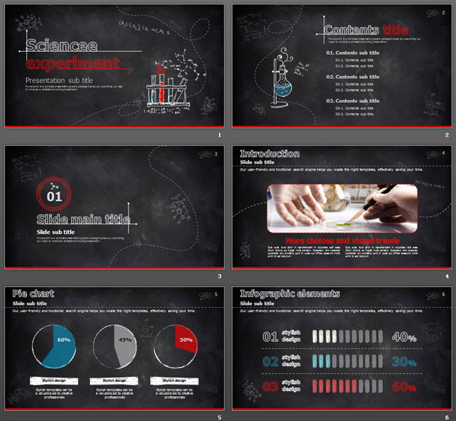 红色黑板粉笔手绘科学化学实验PPT课件模板