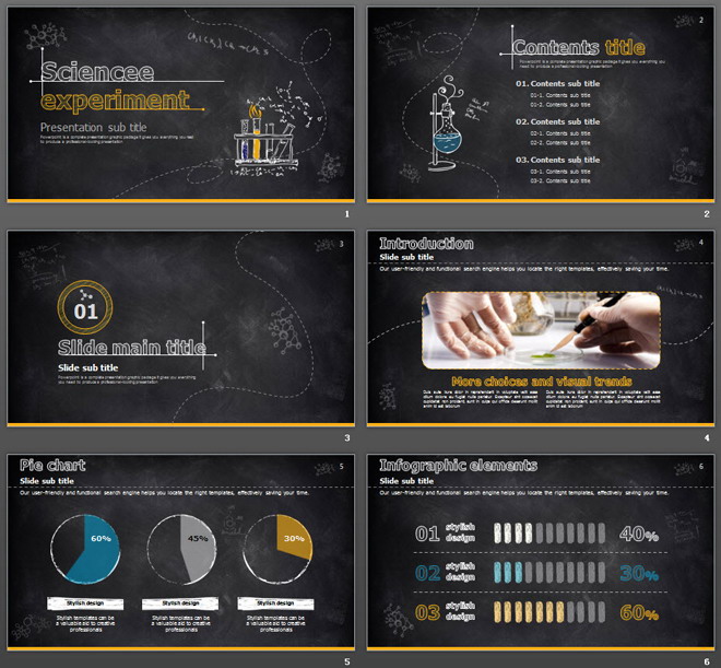 黄色黑板粉笔手绘科学化学实验PPT课件模板