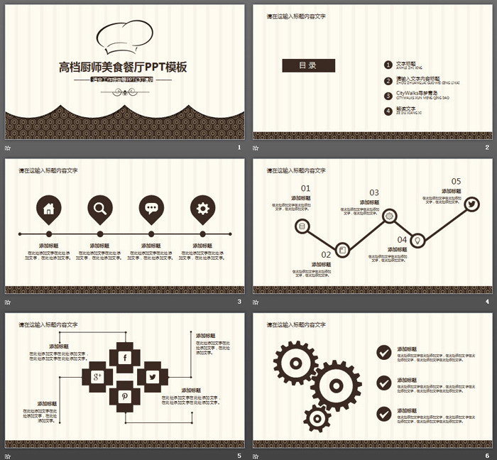 棕色厨师帽图案背景的餐饮行业PPT模板